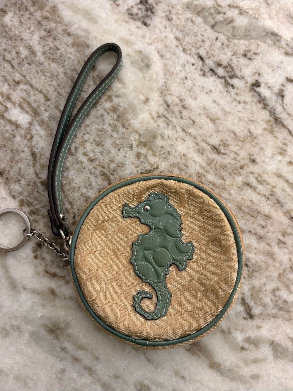 Coach Beige Canvas Wristlet with Green Seahorse Applique